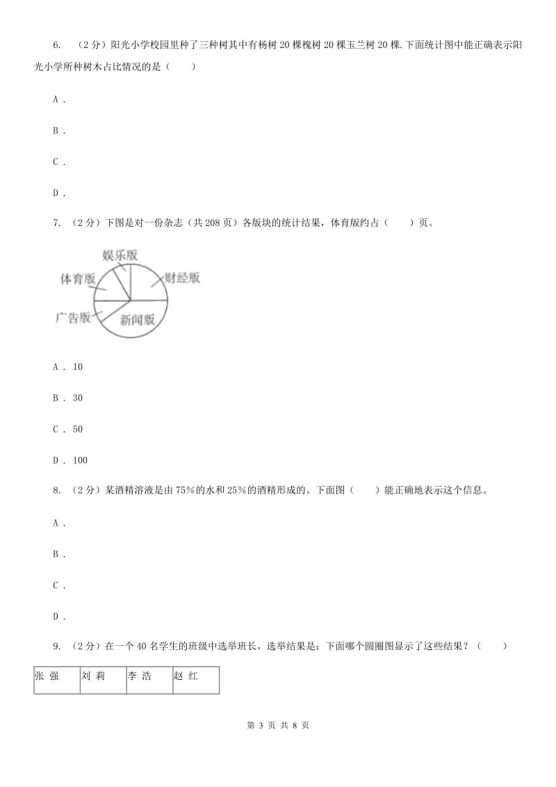 苏教版2019-2020学年六年级上册专项复习七：扇形统计图的认识（A卷）.doc_第3页