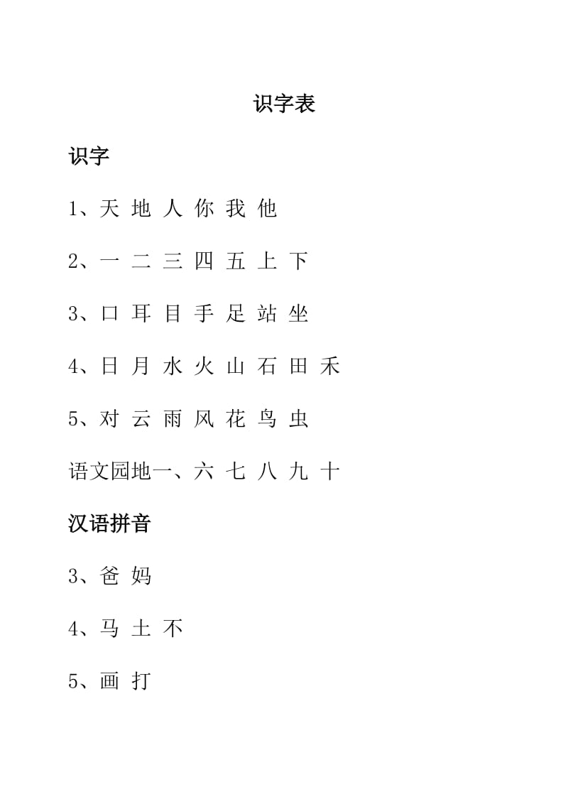 2017新版人教版语文一年级上册识字表写字表.doc_第1页