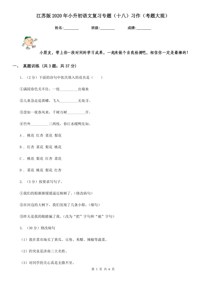 江苏版2020年小升初语文复习专题（十八）习作（考题大观）.doc_第1页