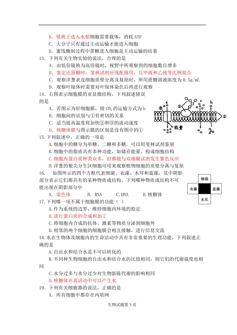 潍坊一中2018-2019年高一上学期期中质量检测生物试题.doc_第3页