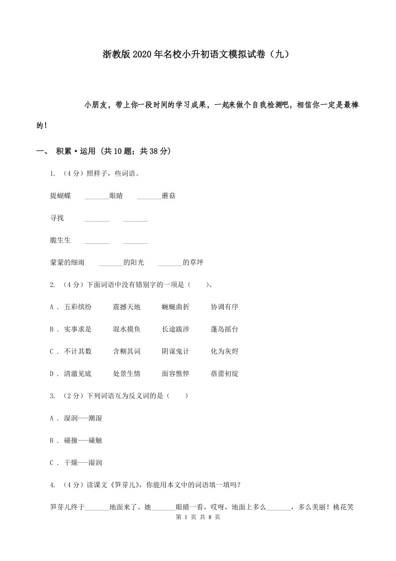 浙教版2020年名校小升初语文模拟试卷（九）.doc_第1页