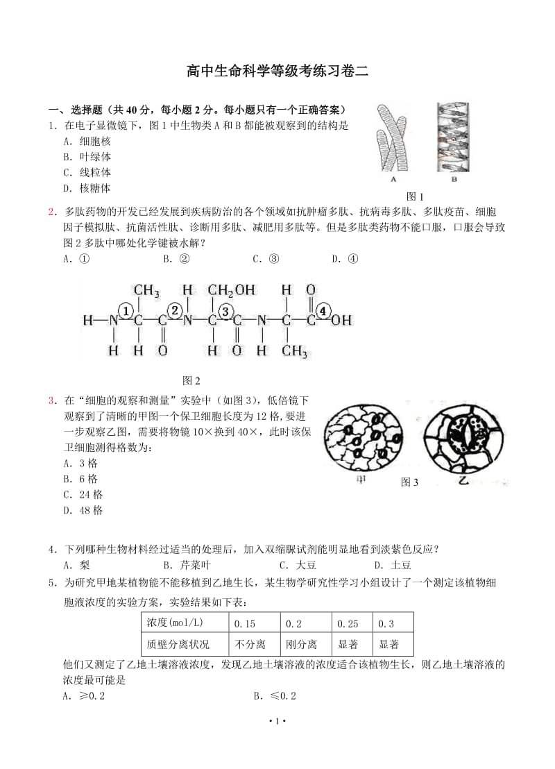上海市2018-2019年高中生命科学等级考生物练习卷（二）.doc_第1页
