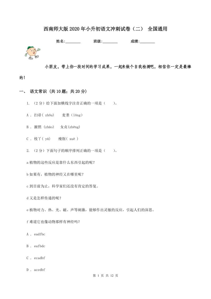 西南师大版2020年小升初语文冲刺试卷（二） 全国通用.doc_第1页