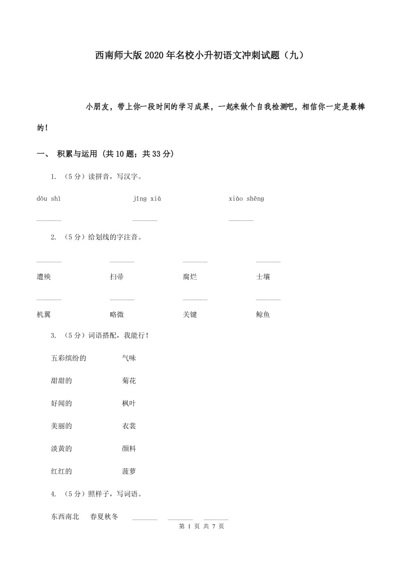 西南师大版2020年名校小升初语文冲刺试题（九）.doc_第1页