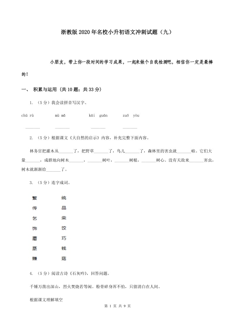 浙教版2020年名校小升初语文冲刺试题（九）.doc_第1页