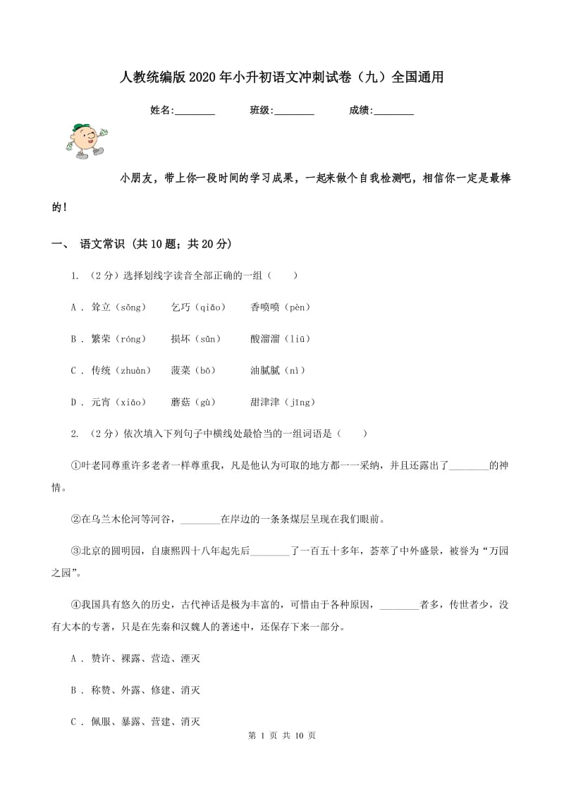 人教统编版2020年小升初语文冲刺试卷（九）全国通用.doc_第1页