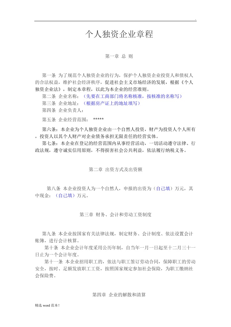 个人独资企业公司章程.doc_第1页