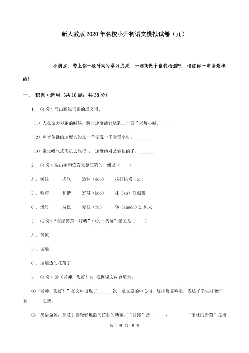 新人教版2020年名校小升初语文模拟试卷（九）.doc_第1页