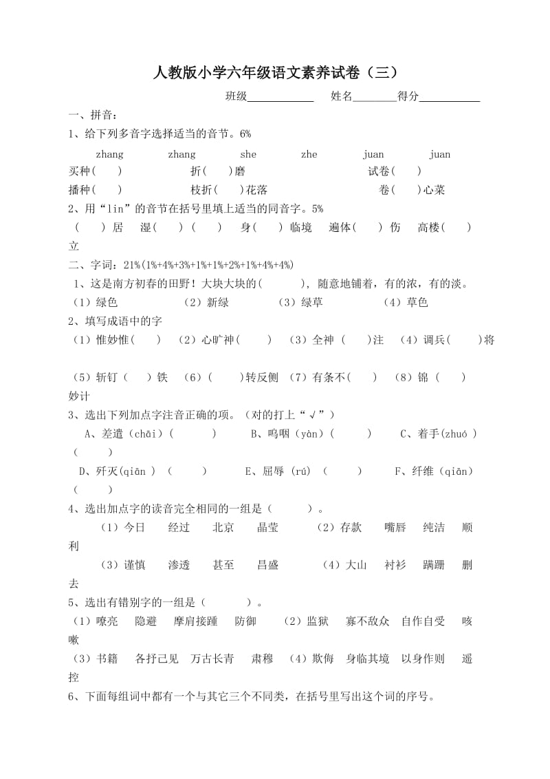 人教版小学六年级语文素养试卷.doc_第1页