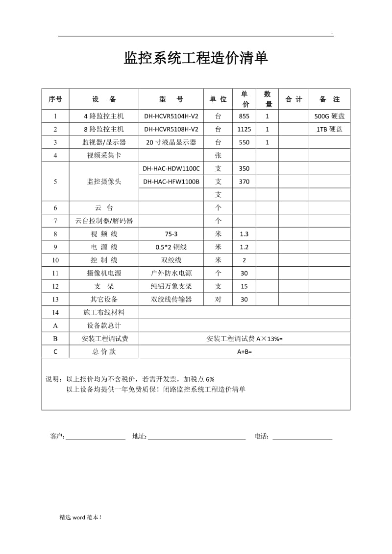 监控系统工程造价清单.doc_第1页