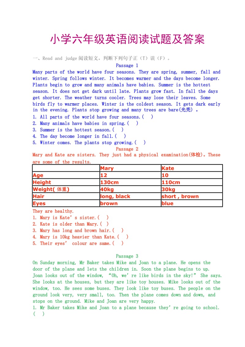 小学六年级英语阅读试题及答案.doc_第1页