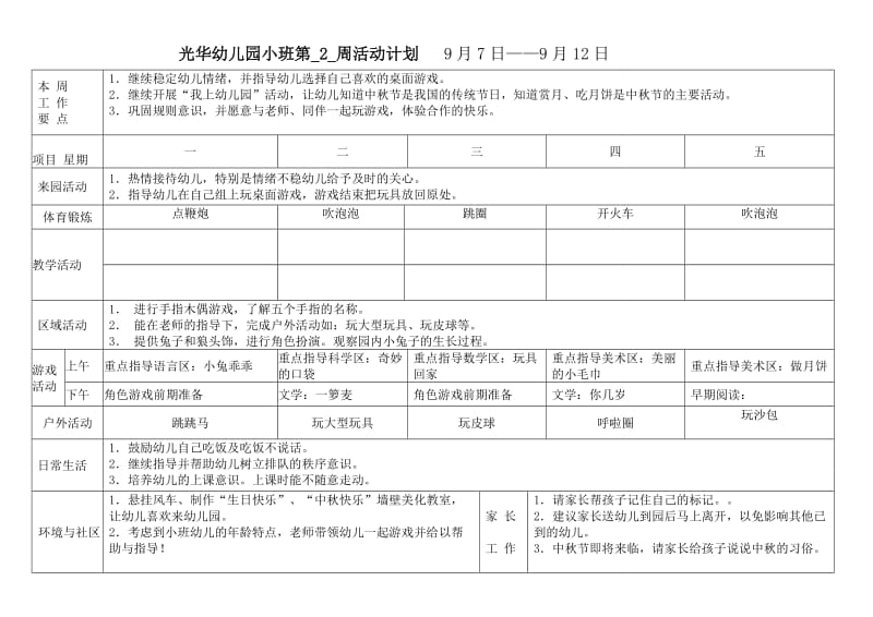 光华幼儿园小班上学期周活动计划表.doc_第2页