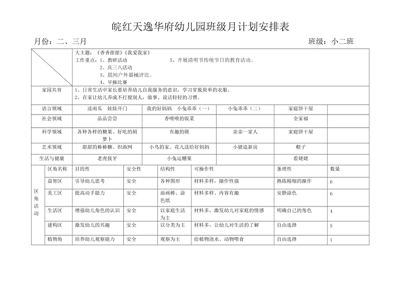 幼儿园班级月计划安排表.doc_第1页