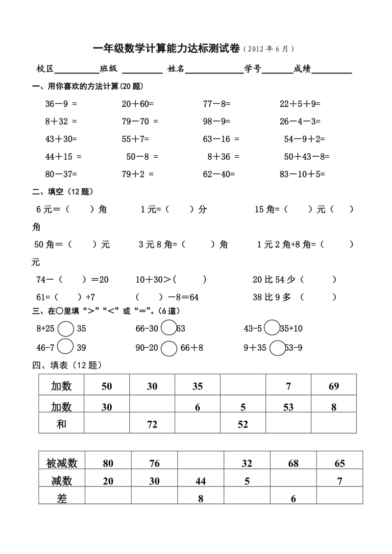 小学一年级数学计算能力达标测试卷.doc_第1页