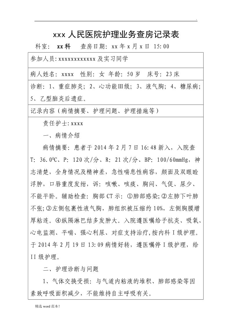 护理业务查房记录表.doc_第1页