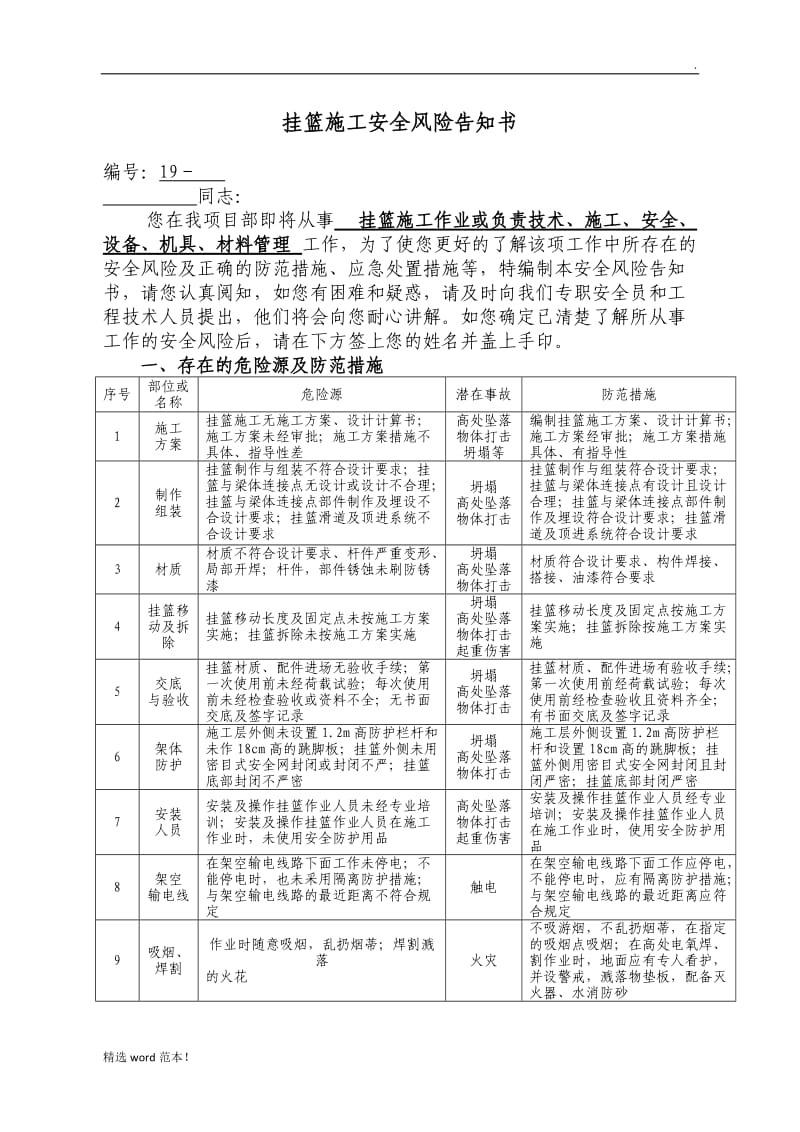 挂篮施工安全风险告知书.doc_第1页