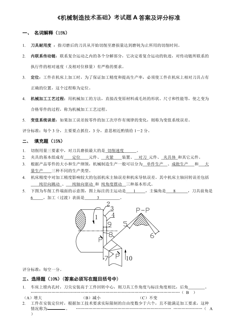 《机械制造技术基础》试卷A答案及评分标准.doc_第1页