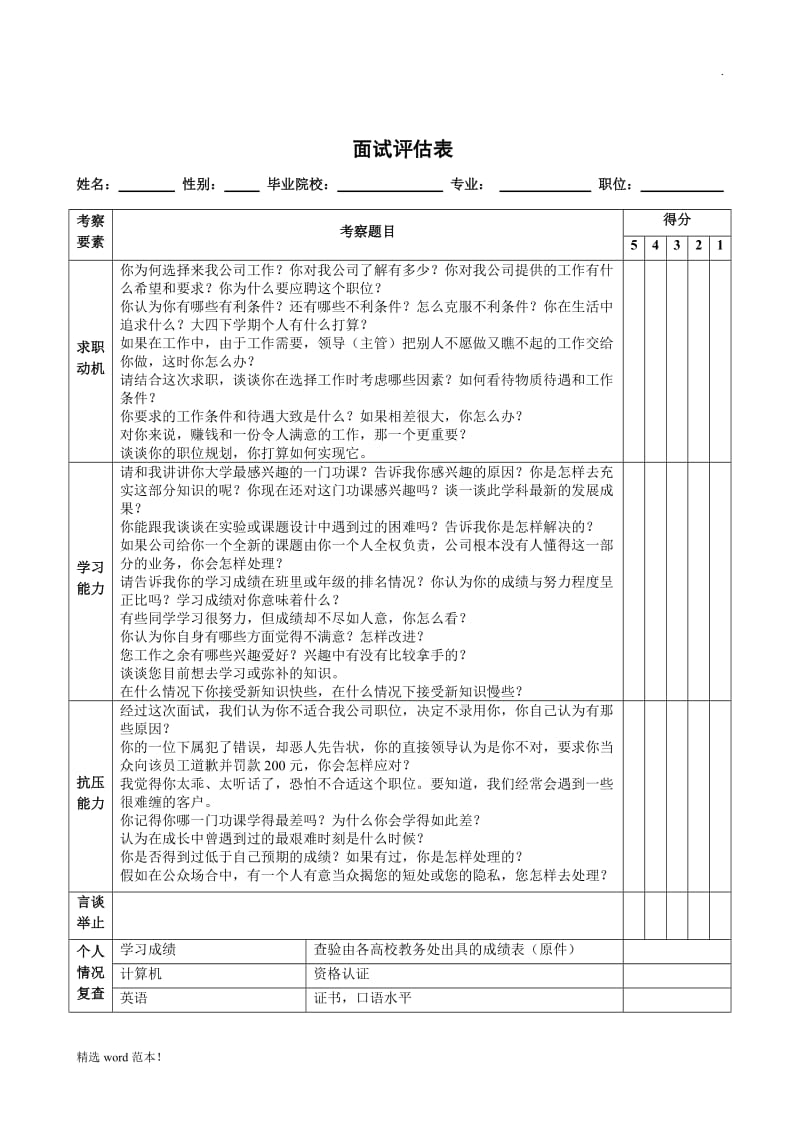 校园招聘面试评估表及评分标准.doc_第1页