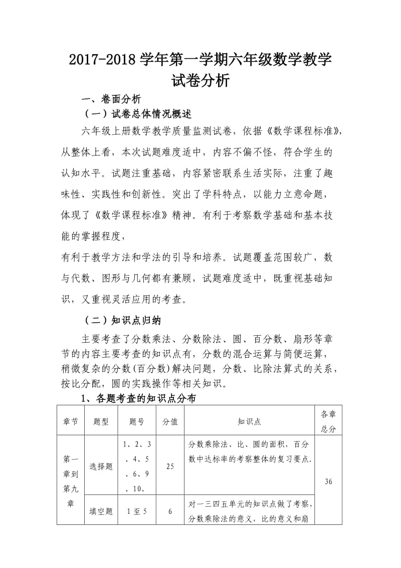 六年级数学上册试卷分析.doc_第1页