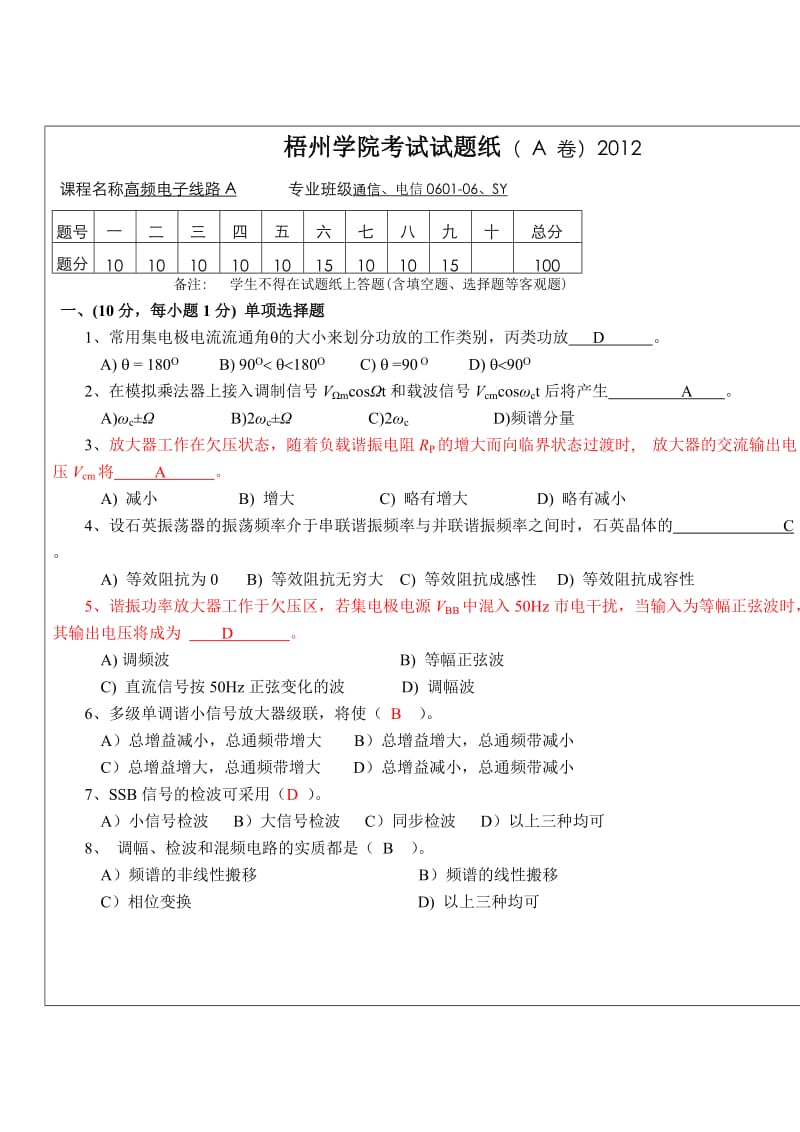 高频电子线路考试试题(A-卷).doc_第1页