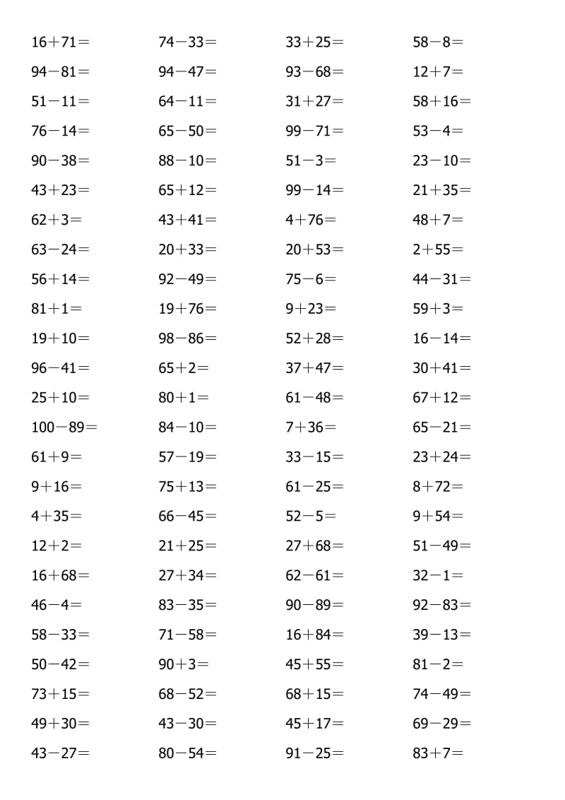 小学一年级数学计算题3600题(100以内).doc_第2页