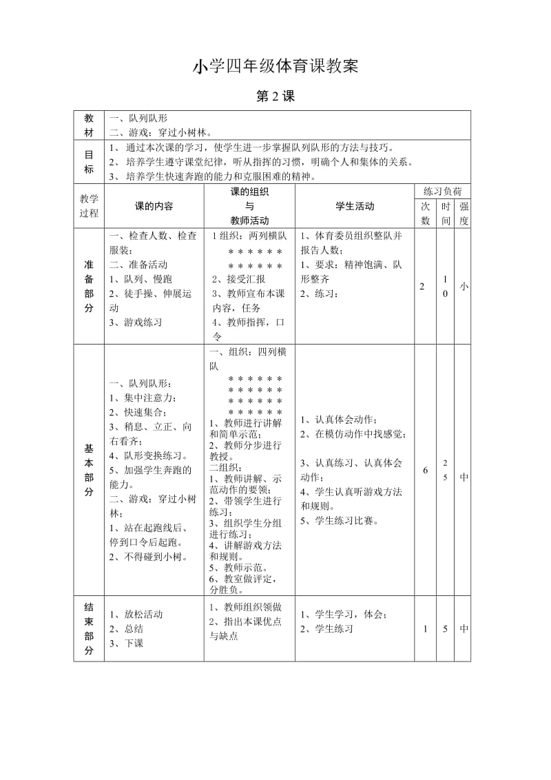 小学四年级体育课教案.doc_第2页