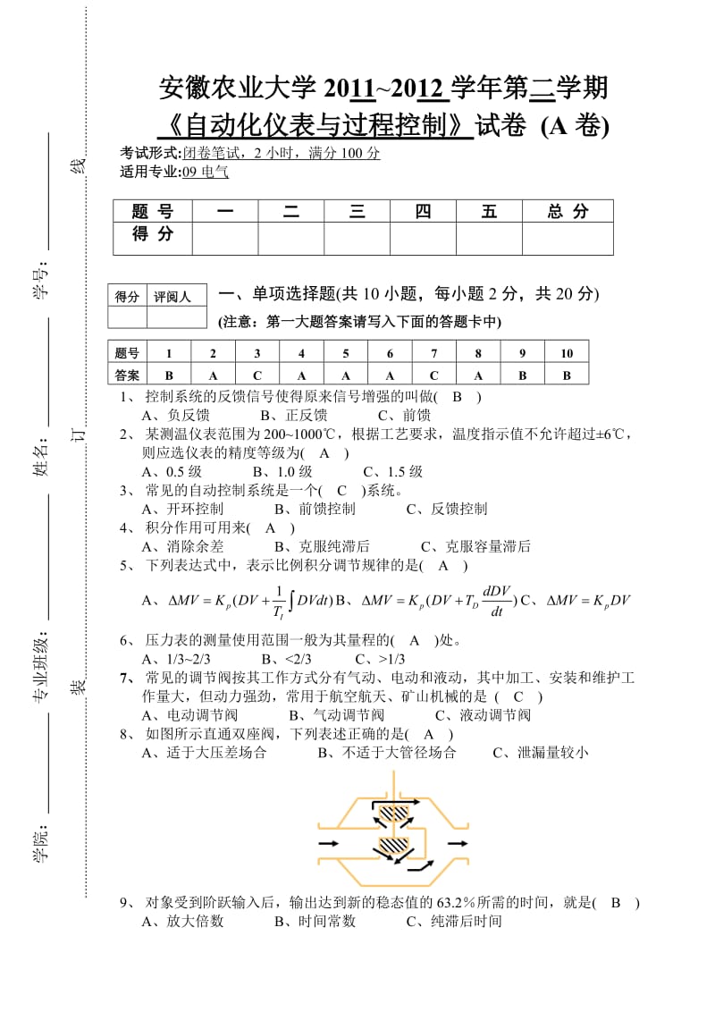 2012过程控制及其自动化仪表A卷参考答案.doc_第1页