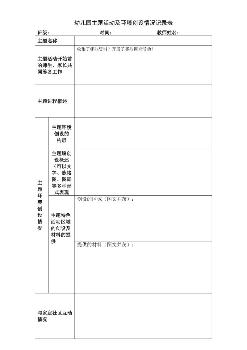 幼儿园班级主题活动及环境创设情况记录表.doc_第1页