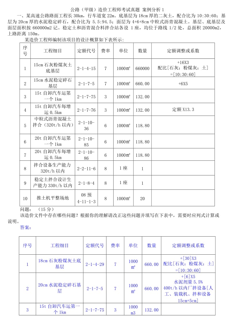 公路(甲级)造价工程师考试真题案例分析答案.doc_第1页