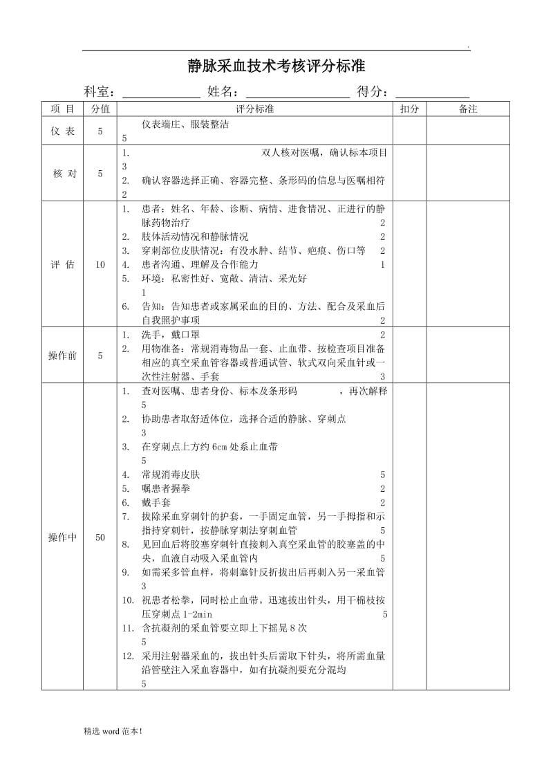 静脉采血技术评分标准.doc_第1页