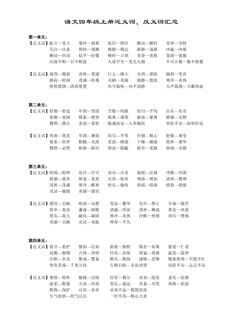 四年级上册近义词、反义词汇总.doc_第1页