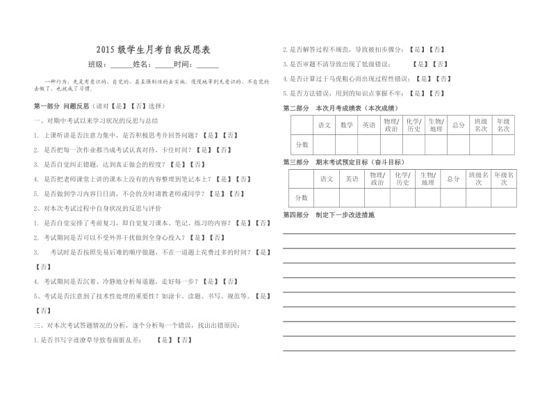 2015级学生考试自我反思表.doc_第1页