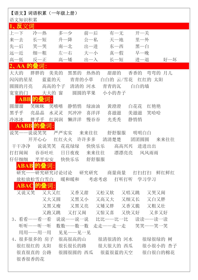 小学一年级语文上册词语积累.doc_第1页