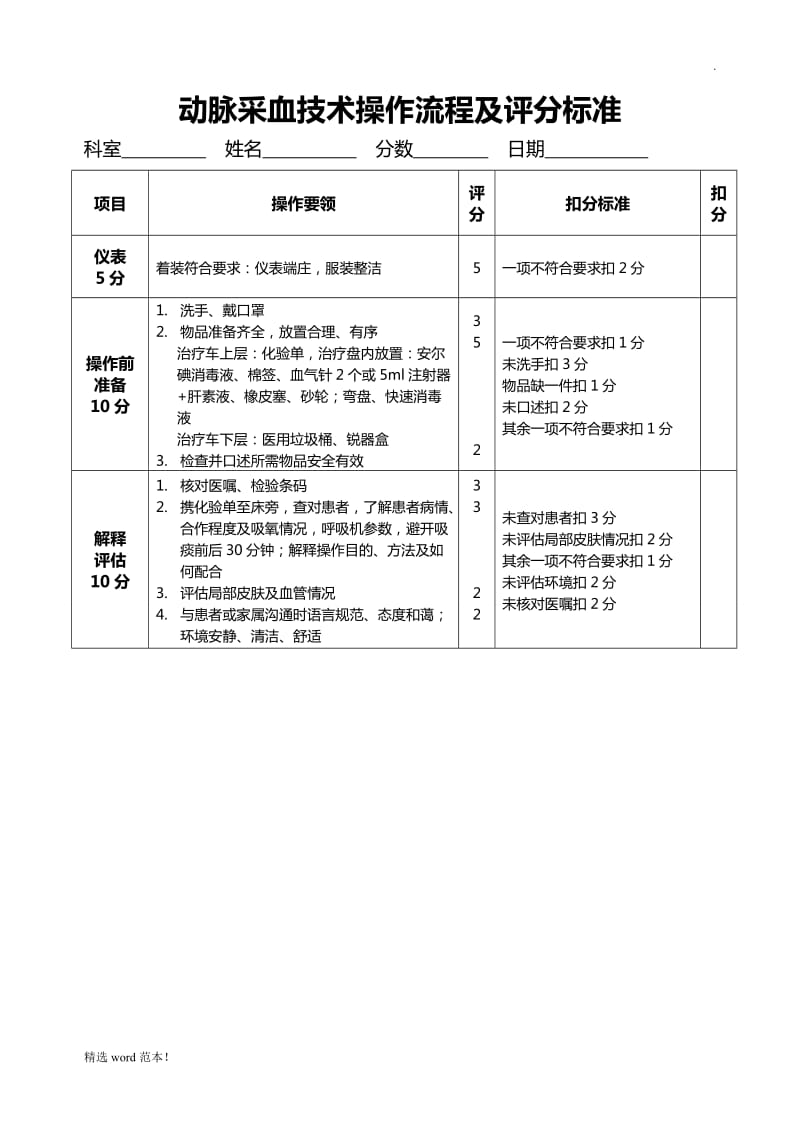 动脉采血技术操作流程及评分标准.doc_第1页