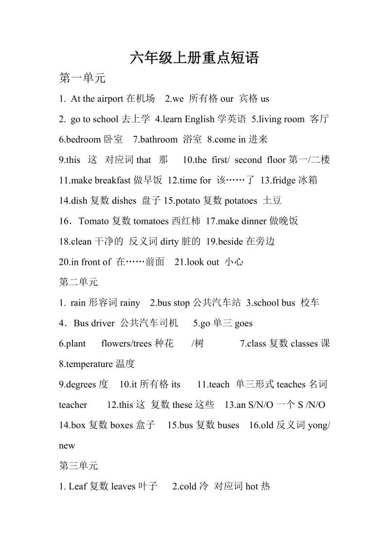 最新冀教版六年级上册英语短语及语法点.doc_第1页