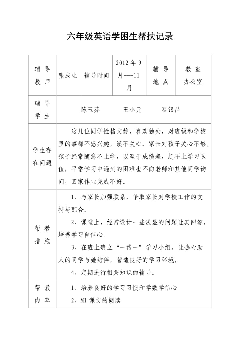 六年级英语学困生帮扶记录.doc_第1页