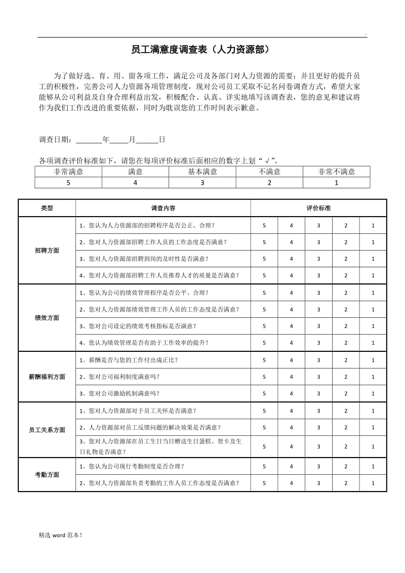 人力资源部满意度调查表.doc_第1页