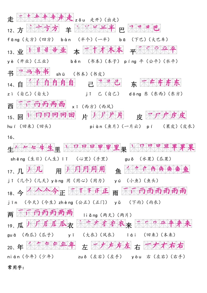 人教版一年级上册语文生字表(二)带笔顺拼音组词及积累.doc_第3页