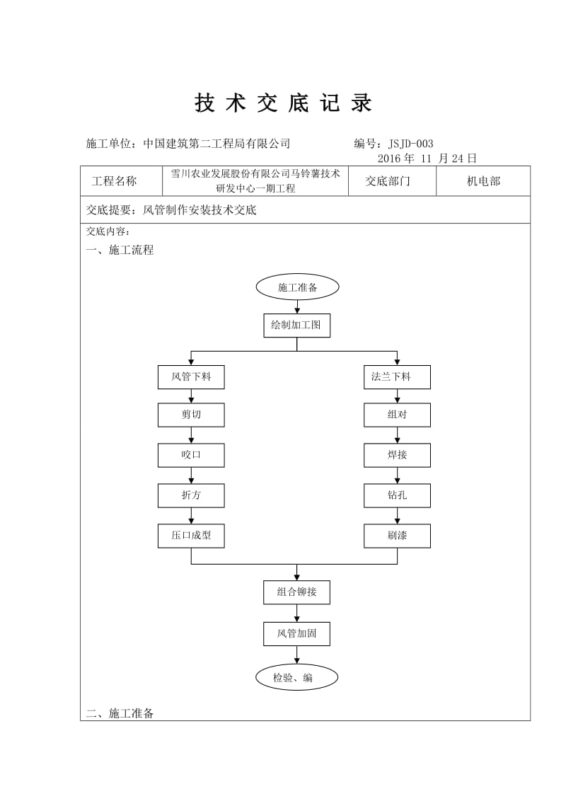 共板法兰、角钢法兰风管制作安装技术交底.doc_第1页