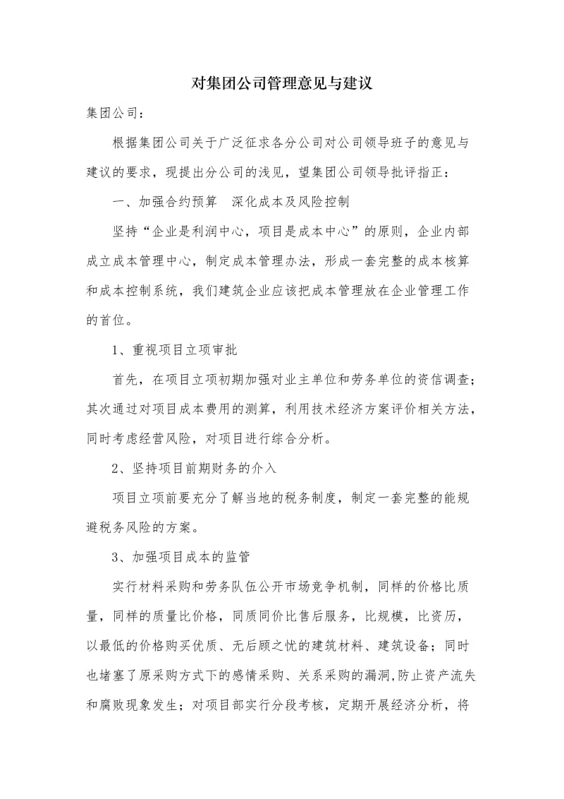 对集团公司管理意见与建议.doc_第1页