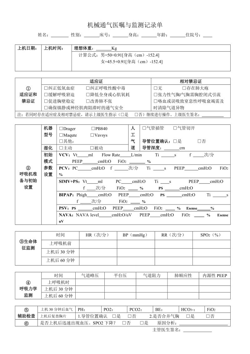 机械通气医嘱与监测记录单.doc_第1页