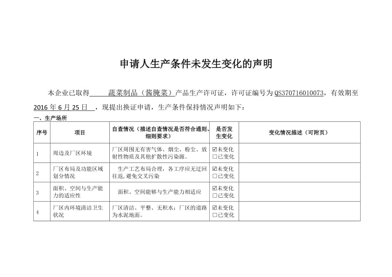 申请人生产条件未发生变化的声明.doc_第1页