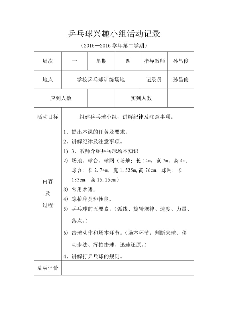 乒乓球兴趣小组活动记录(2015年下学期).doc_第1页