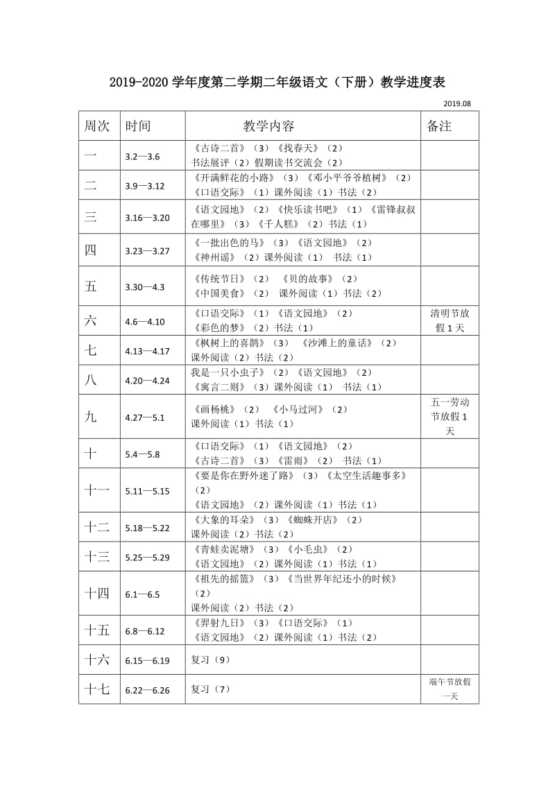 小学语文2020人教部编本二年级语文（下册）教学进度表 2019-2020学年度第二学期_第1页