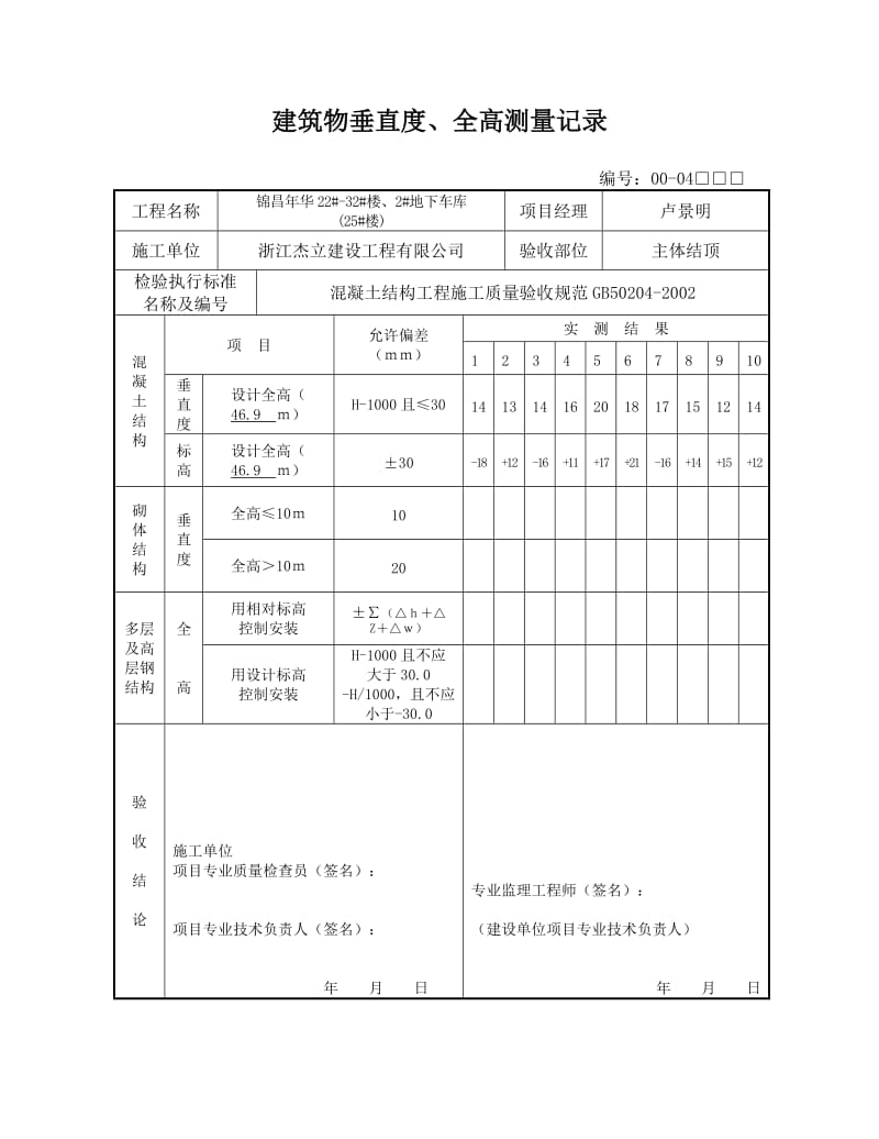 建筑物垂直度、全高测量记录.doc_第1页