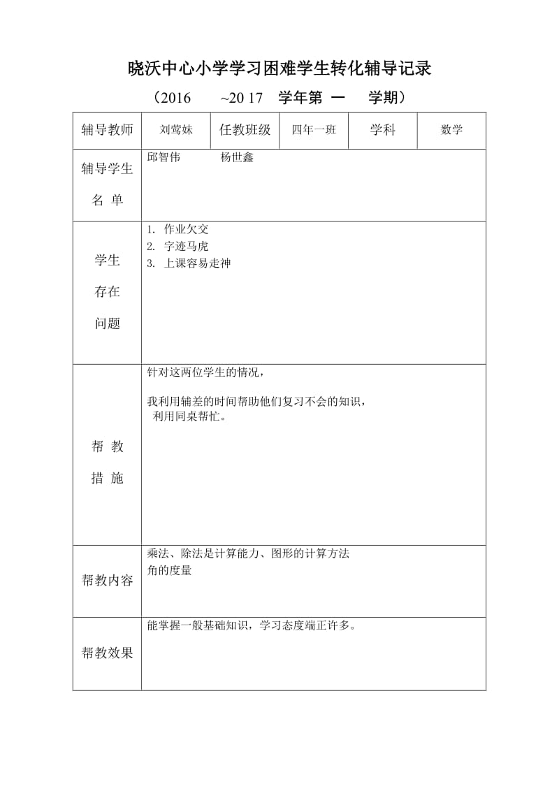 学习困难学生转化辅导记录.doc_第1页