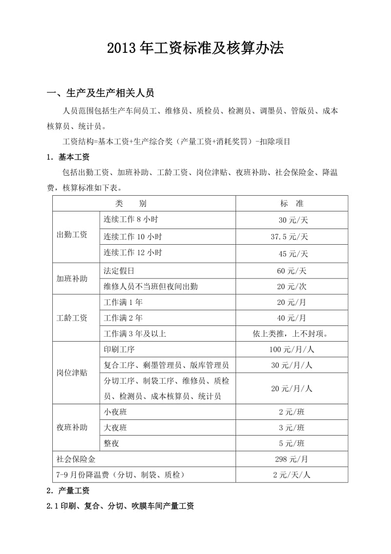 某软包装企业2013年工资标准及核算办法.doc_第1页