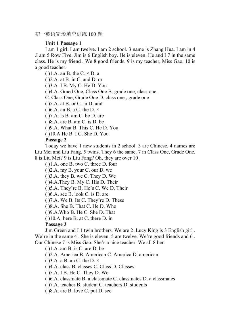 初一英语完形填空训练100题.doc_第1页
