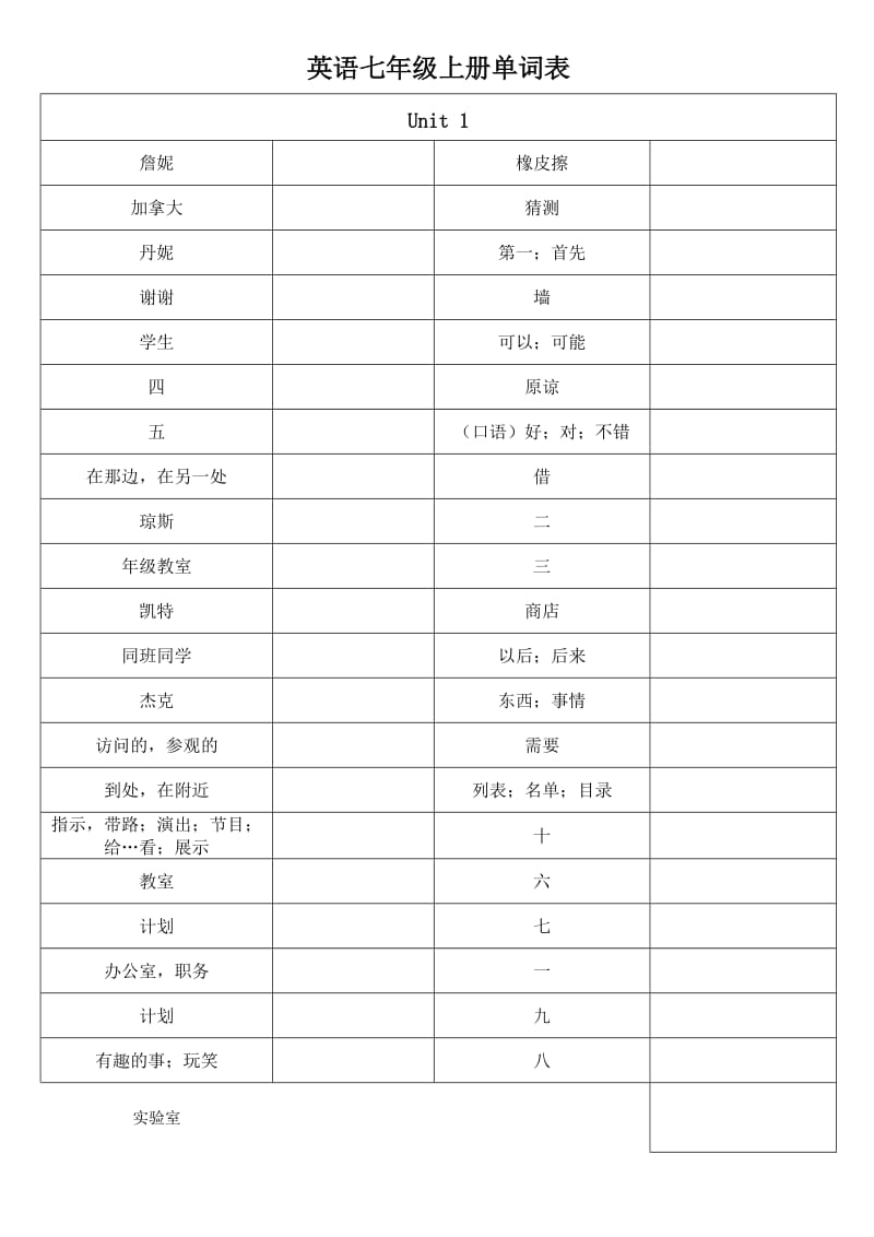 英语七年级上册单词表听写版.doc_第1页