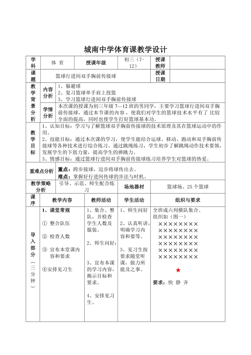 篮球行进间双手胸前传接球(体育课教案).doc_第1页